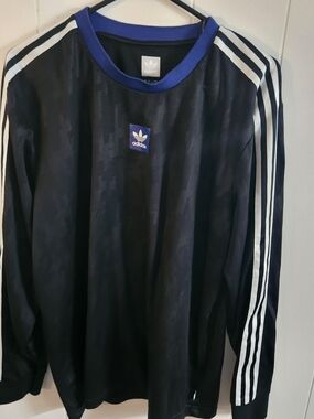 adidas Black and Blue Long Sleeve Jersey with White Stripes